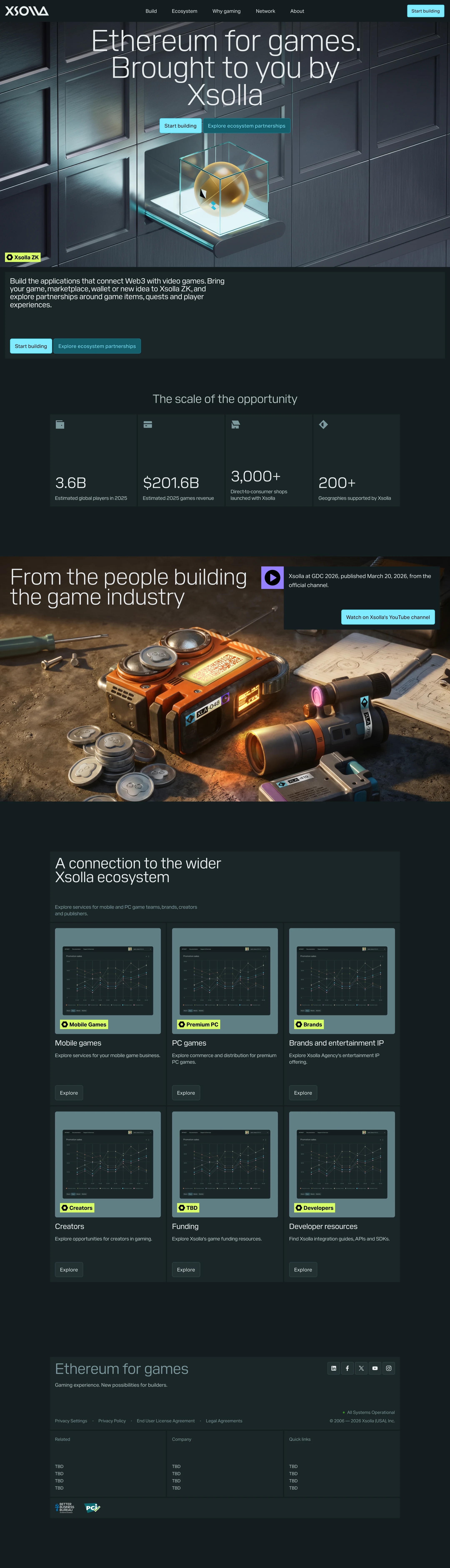 Xsolla: Ethereum for games. Full website design, from the introduction to the ecosystem and footer.