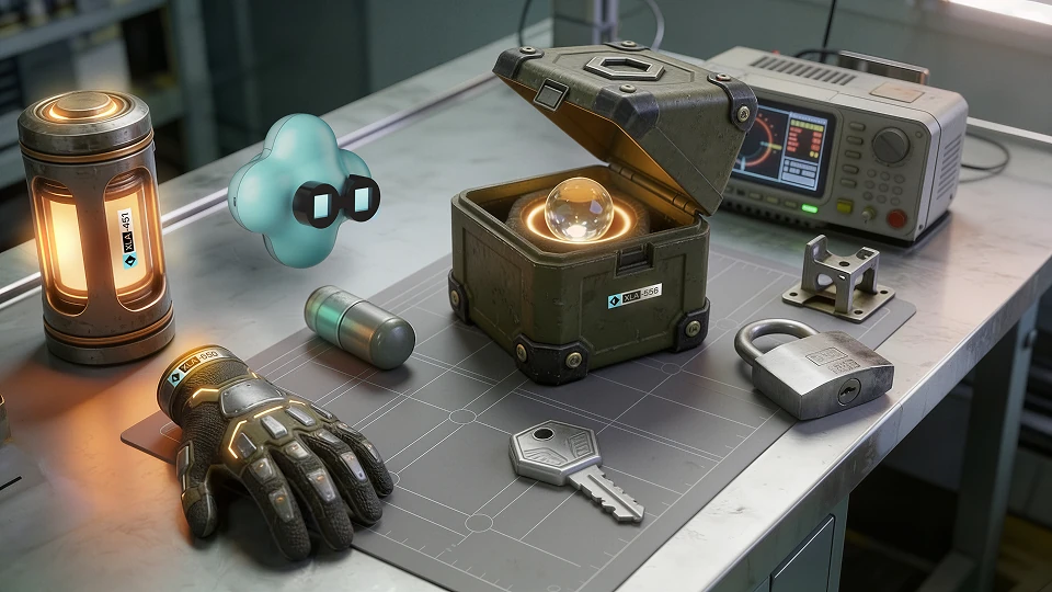 Sol and collectible game items arranged on a workbench