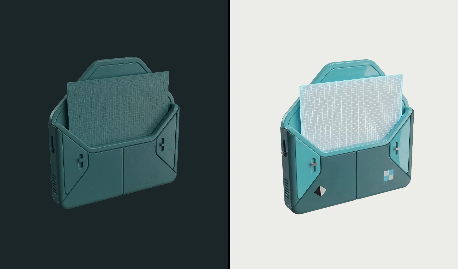 Two views of a stylized 3D bag
