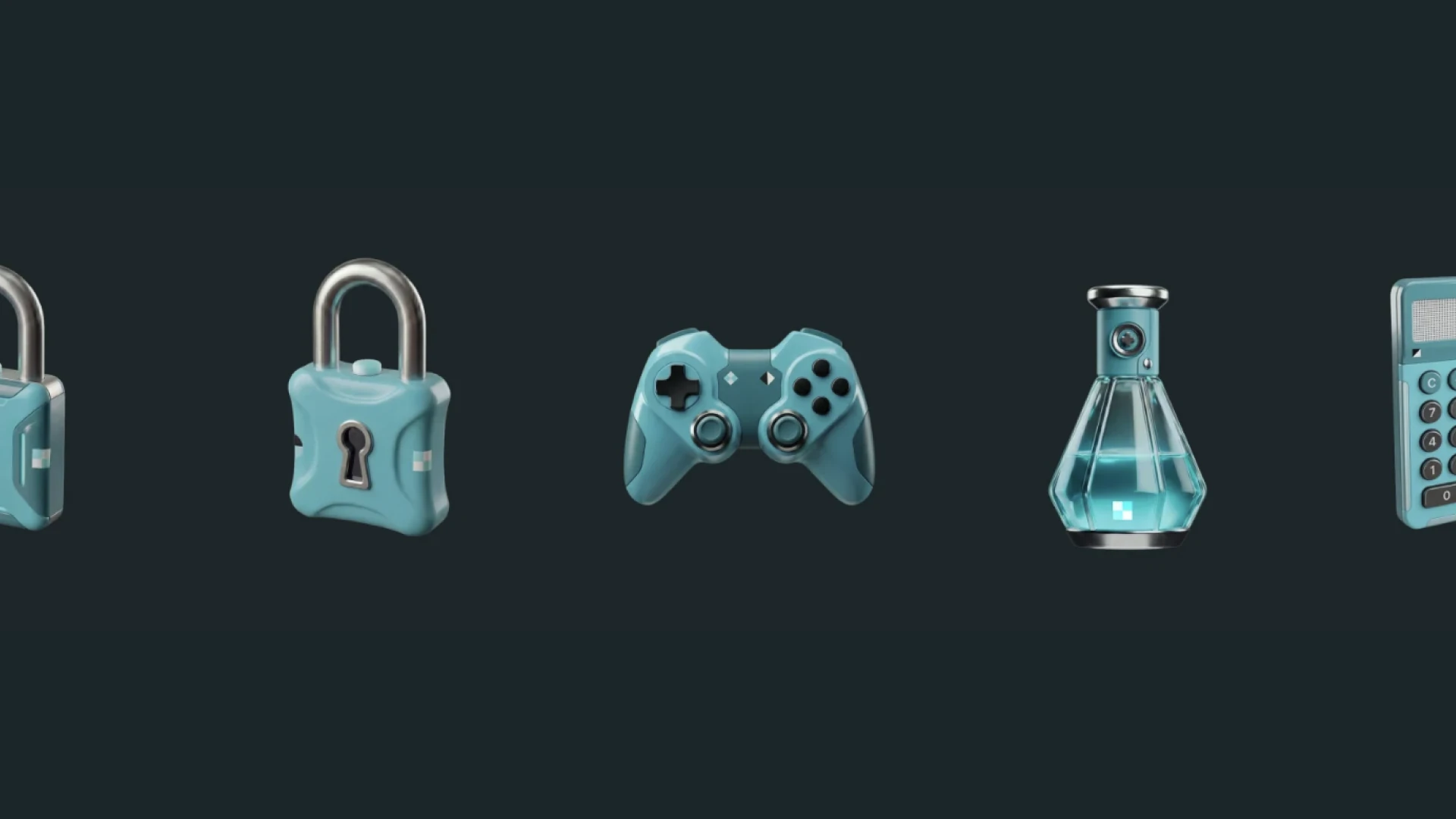 Stylized Xsolla game items on a dark background